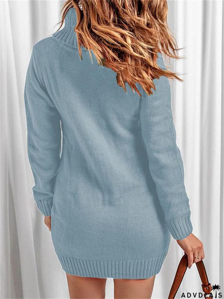 Casual Turtle Neck Knitted Sweater Dresses