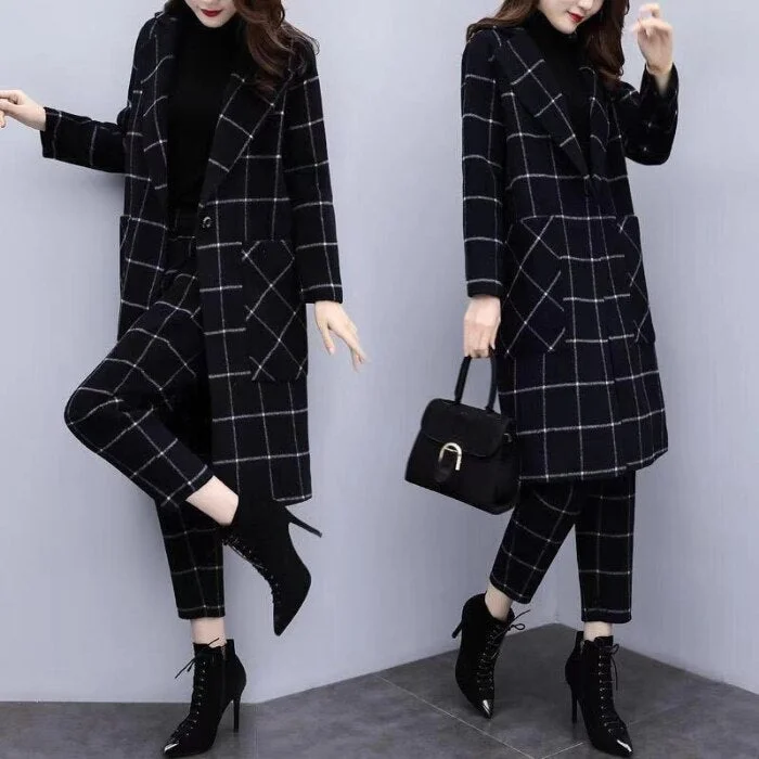 huibahe Winter Black Woolen Plaid Two Piece Sets Outfits Women Long Coat And Pants Suits Elegant Fashion Office Sets