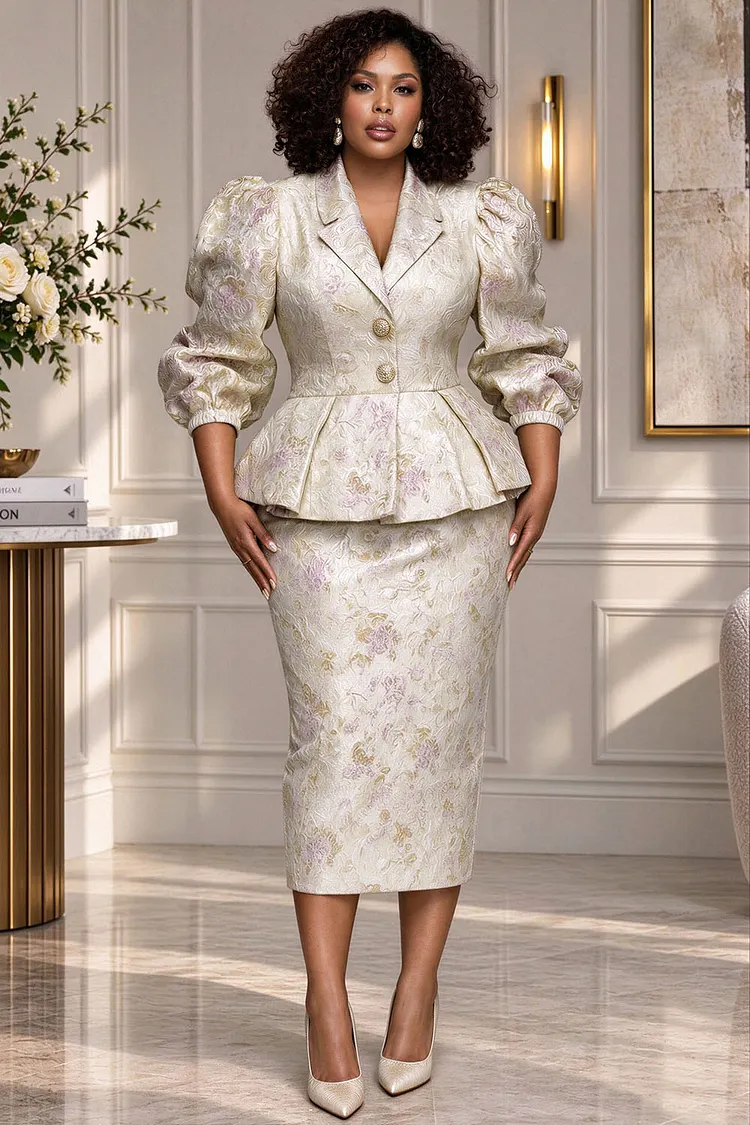 Xpluswear Design Plus Size Formal Ivory Turndown Collar 3/4 Sleeve Ruffle Split Two Piece Skirt Sets [Pre-Order] 2024 - Xpluswear