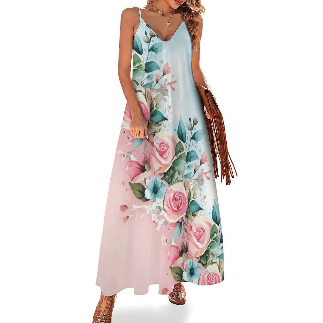Style & Comfort for Mature Women Plus Size Printed Sling Casual Women Maxi Dress in Pattern Pink, Rose, Green, Floral