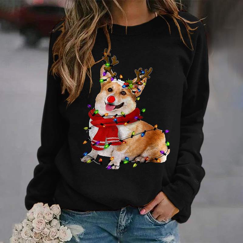 Christmas Dog Lights Print Crewneck Sweatshirt