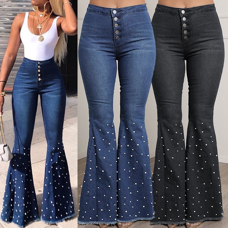 Bootcut Trousers Stretch Jeans Casual Beaded Bell-bottom Pants