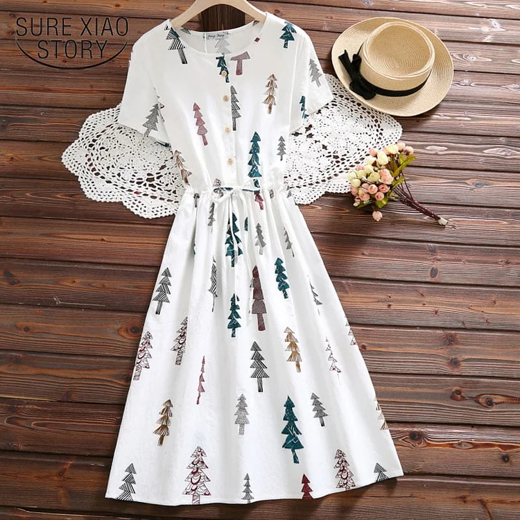 Cotton Linen Summer vintage clothing Dress Women O-neck Tree Casual Printed Dress Short Sleeve Loose 2022 New fashion 4616 50