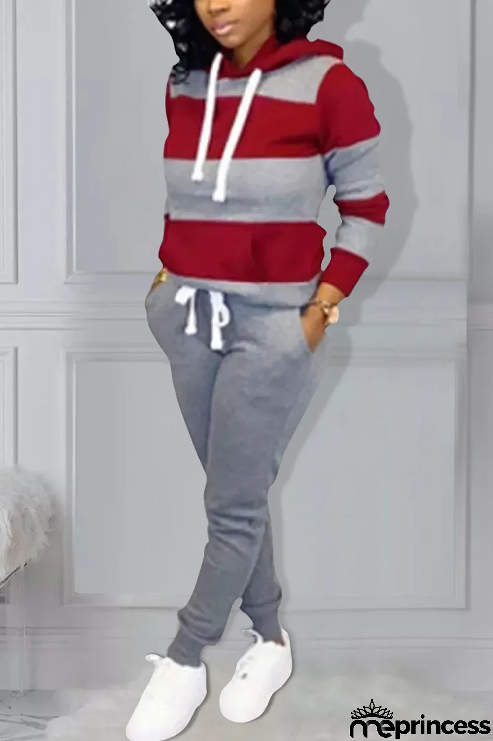 Red Polyester OL Striped Patchwork Print pencil Long Sleeve Two Pieces