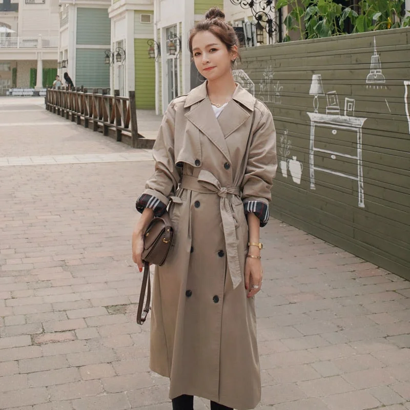 Brand New Fashion Double-Breasted Long Women Trench Coat Office Lady Duster Coat  Female Outerwear Black Khaki Quality