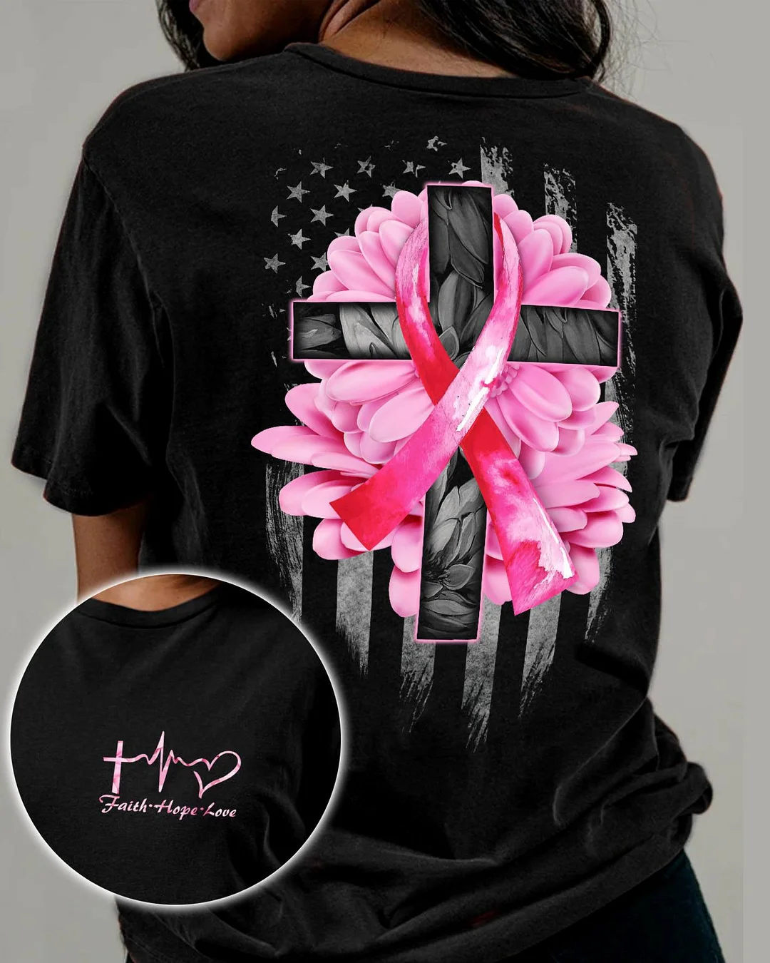Flowers Pink Ribbon Flag Breast Cancer Tee