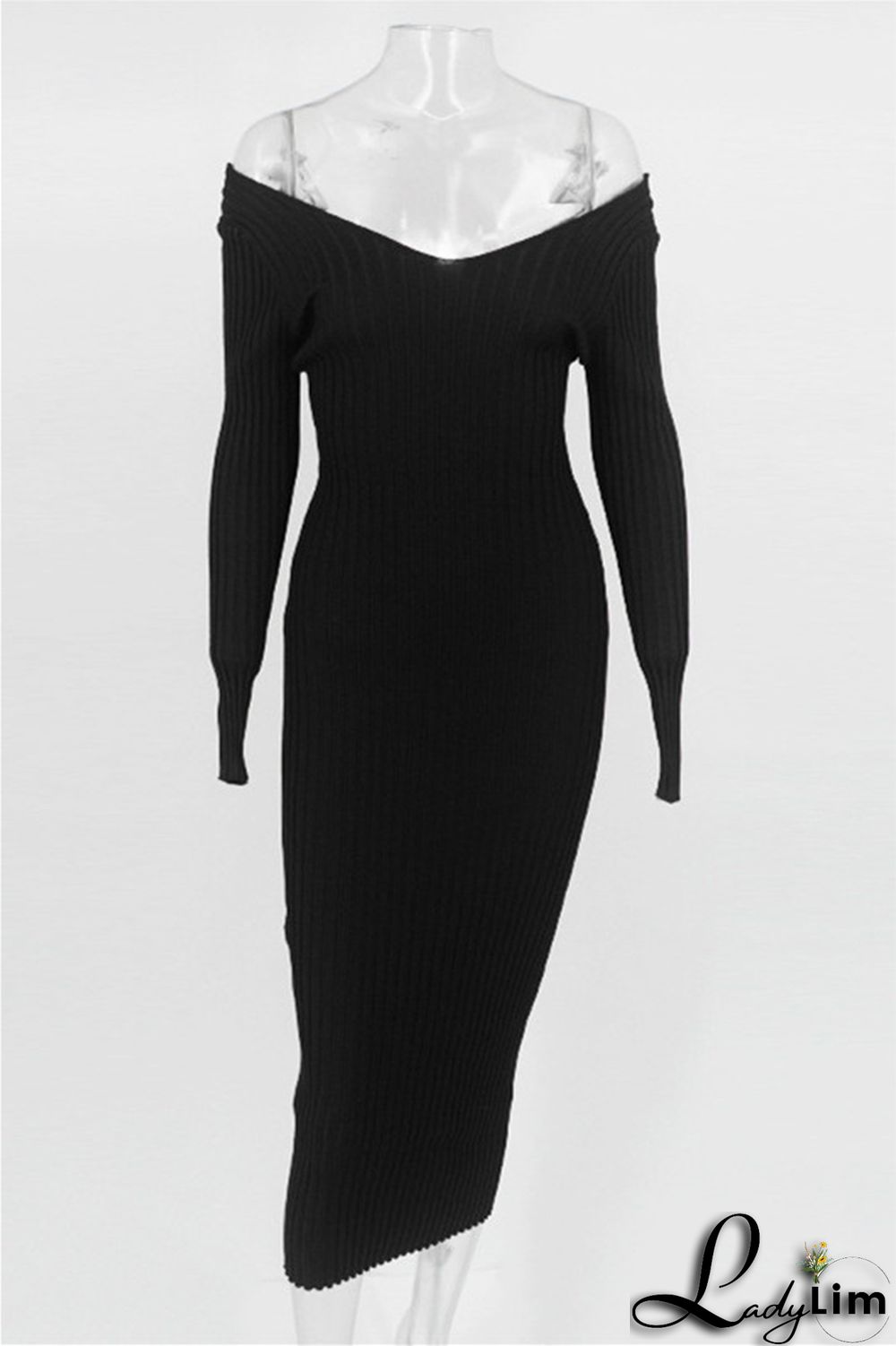 Black Fashion Casual Solid Basic V Neck Long Sleeve Dresses