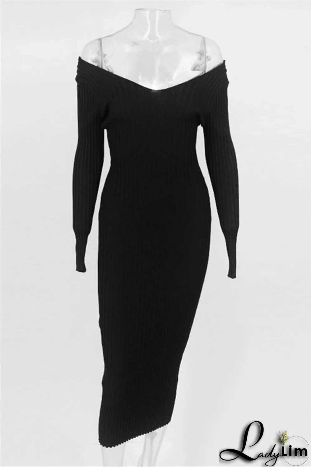 Black Fashion Casual Solid Basic V Neck Long Sleeve Dresses
