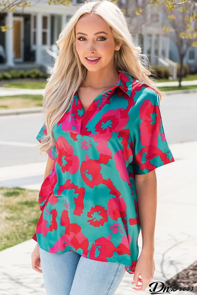 Printed Johnny Collar Short Sleeve Top