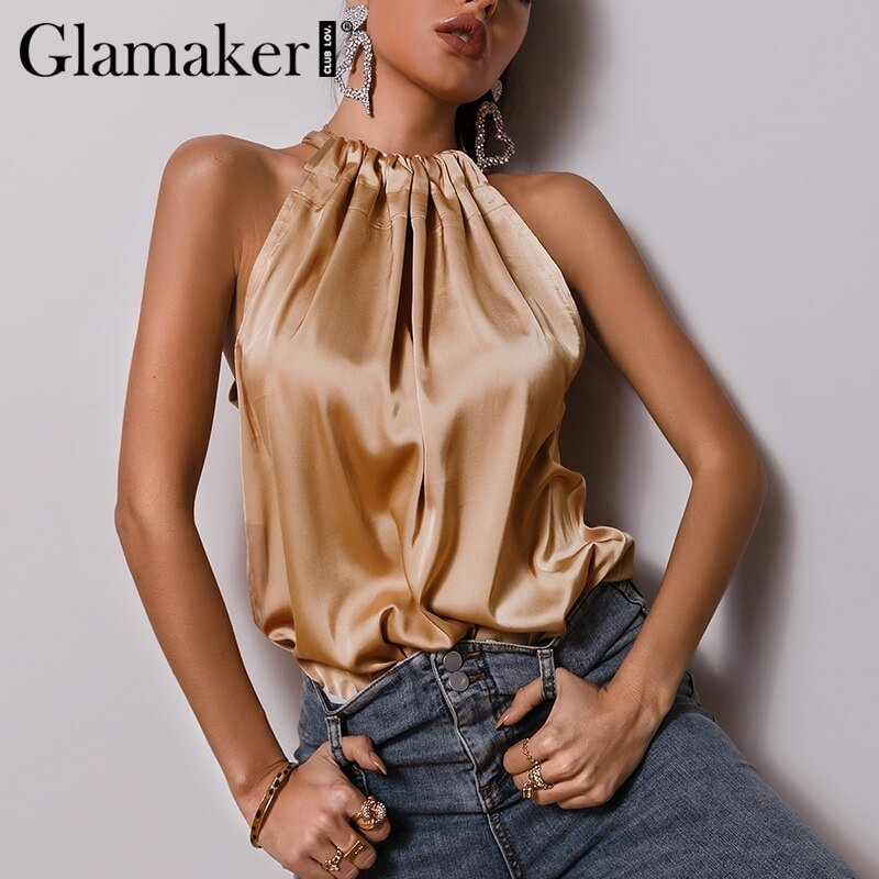 Glamaker Satin Ruffles casual  loose sleeveless sexy top Women elegant office ladies all-match pleated summer top new 2021