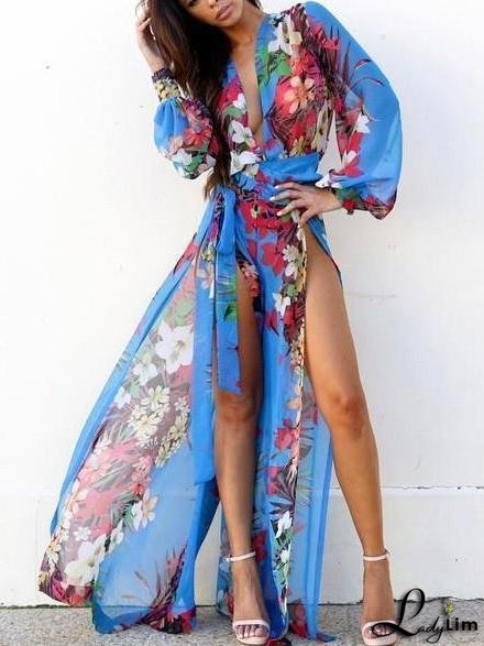 V Neck Side Deep Chiffon Floral-Print Split Full-Length Dress