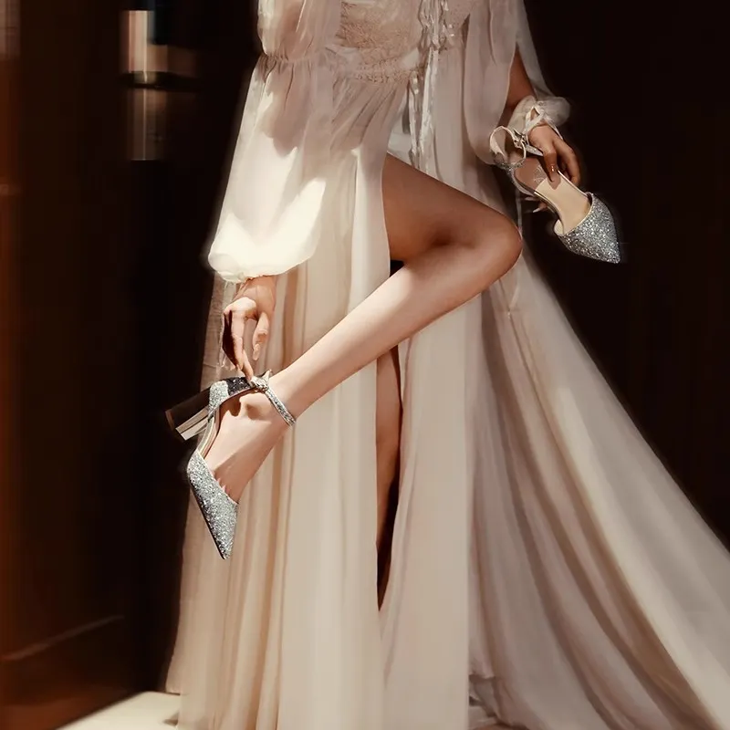 Breakj Breakj Shoes Crystal Shoes Women Wedding Shoes White Wedding Shoes Coarse Hedliers Buckle High Heels