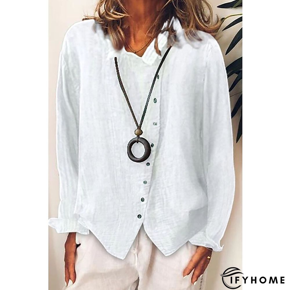 Women's Shirt Blouse White Yellow Blue Plain Button Long Sleeve Daily Weekend Casual Shirt Collar Regular Linen S | IFYHOME