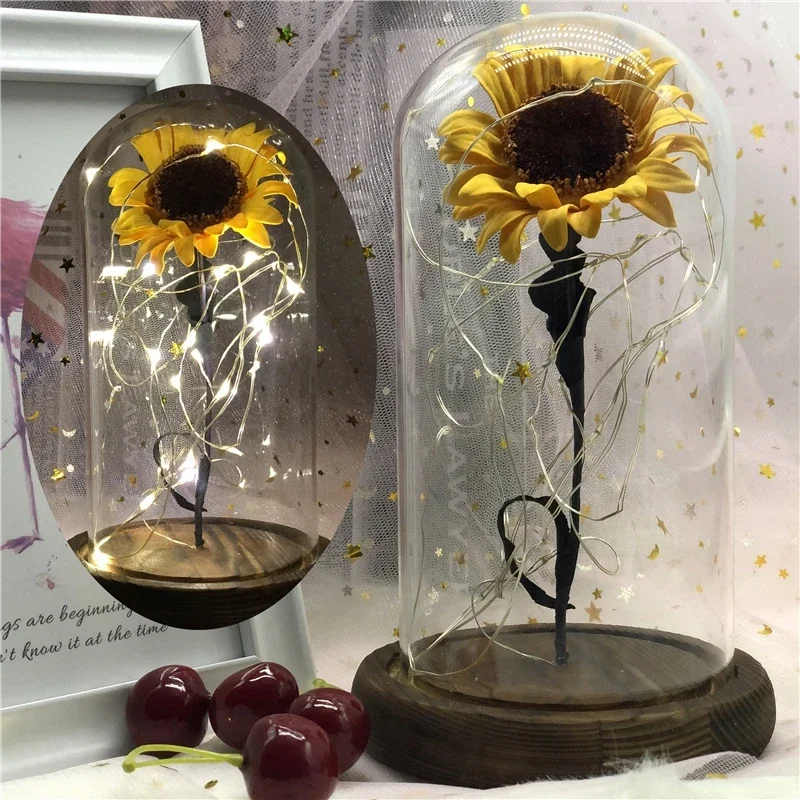 Sunflower Eternal Flower Lamp with Glass Cover Girls Birthday Valentine's Day Mother's Day Gifts Home Decor