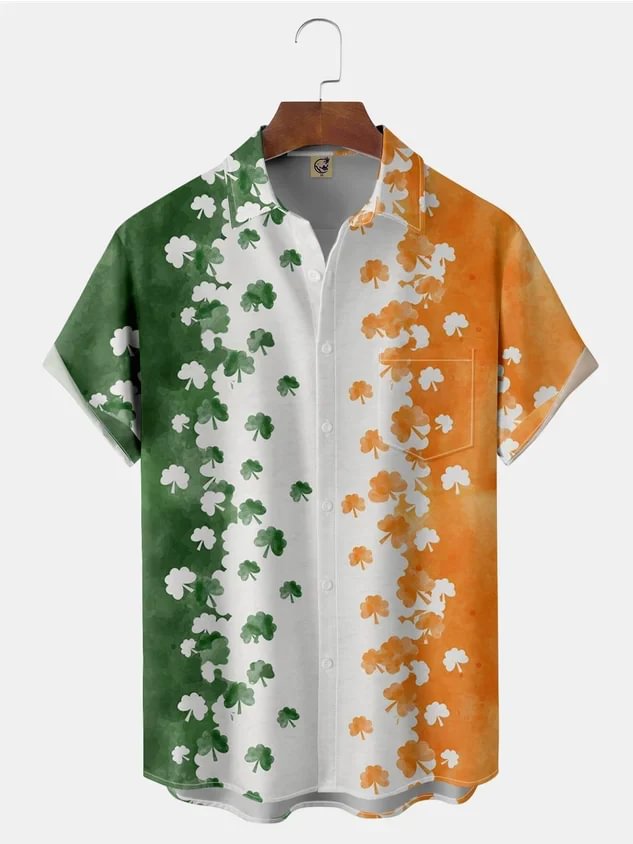 St. Patrick's Day Four-Leaf Clover Chest Pocket Short Sleeve Shirt
