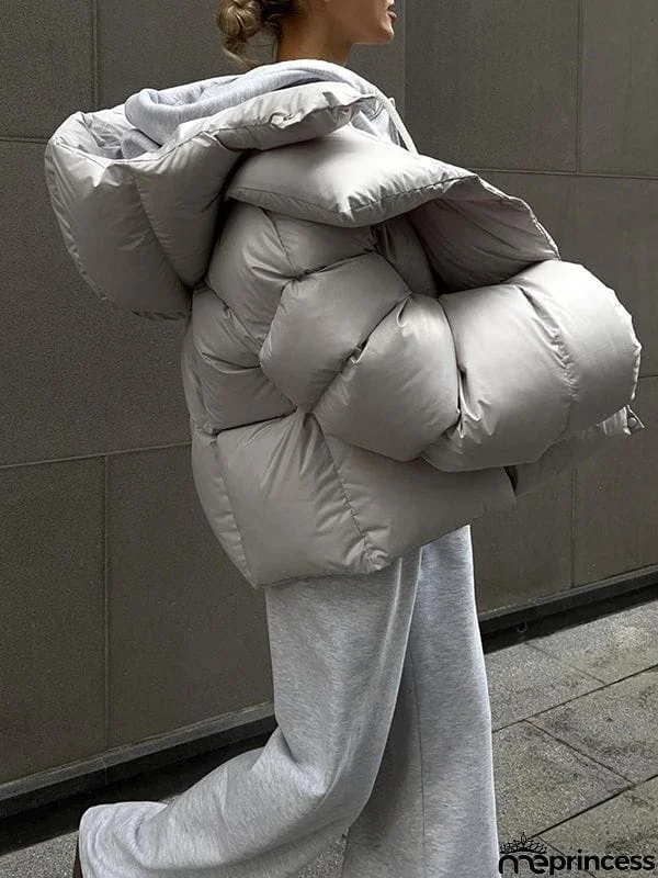 Long Sleeves Loose Solid Color Split-Joint Hooded Padded Coat