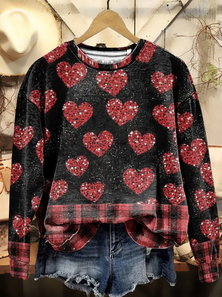 Women's Valentine's Day Glitter Heart Print Casual Crew Neck Sweatshirt