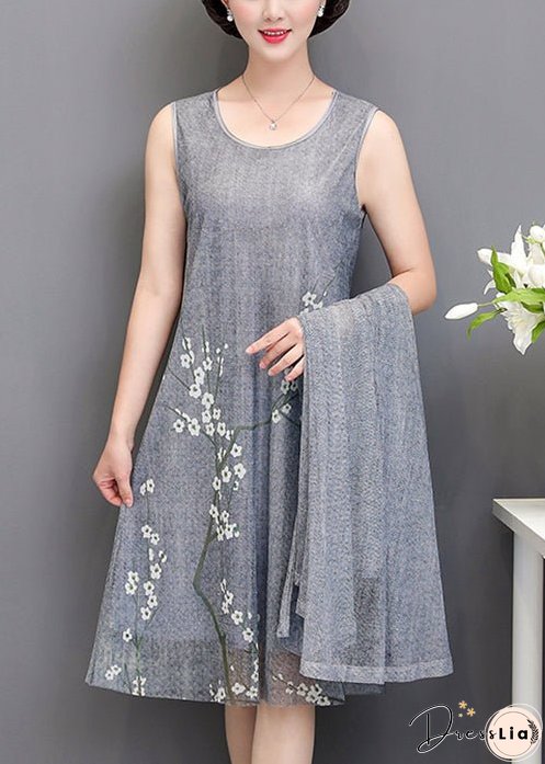 New Grey O Neck Print Tulle Two Piece Set Spring
