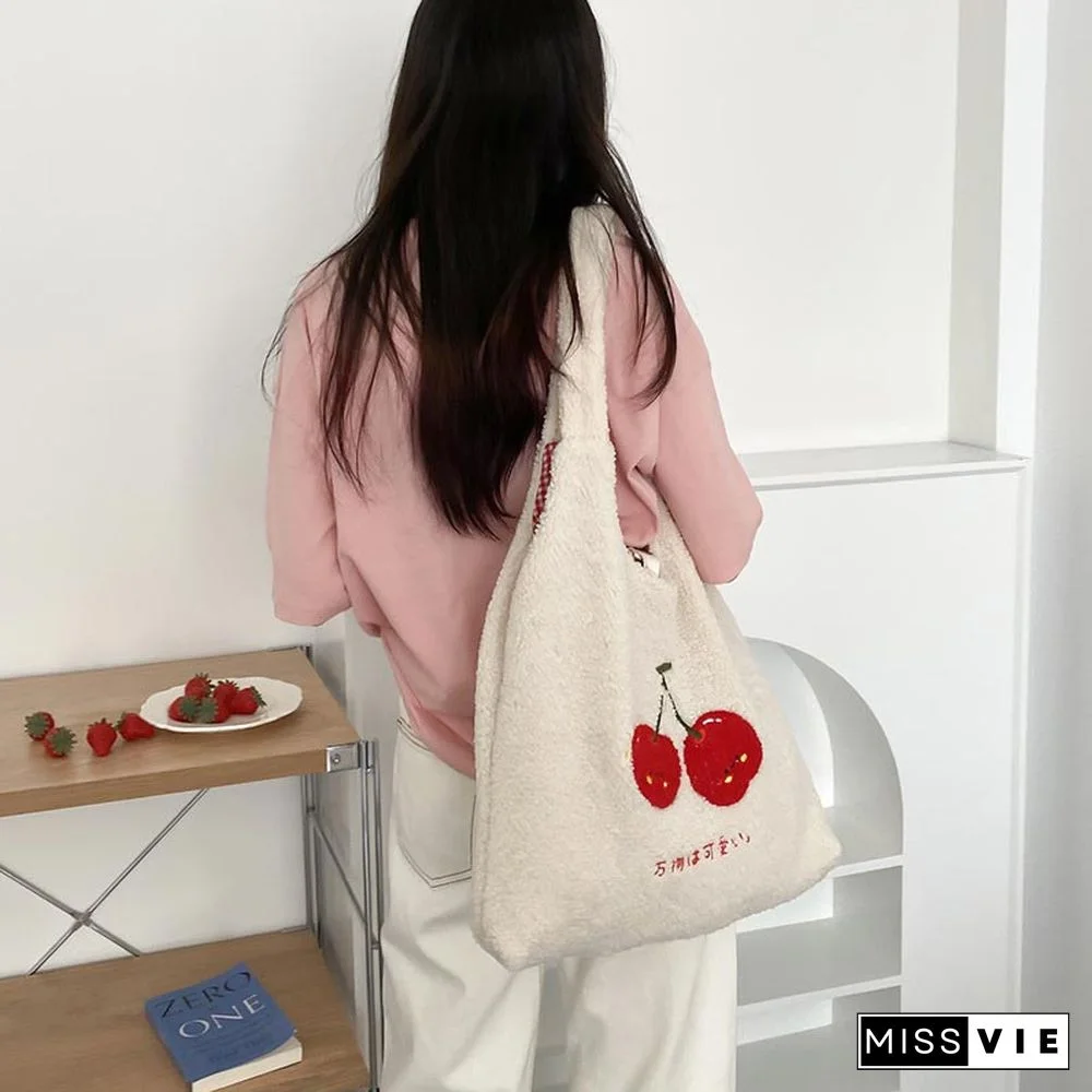 Sweet Cherry Embroidery Plush Tote Bag