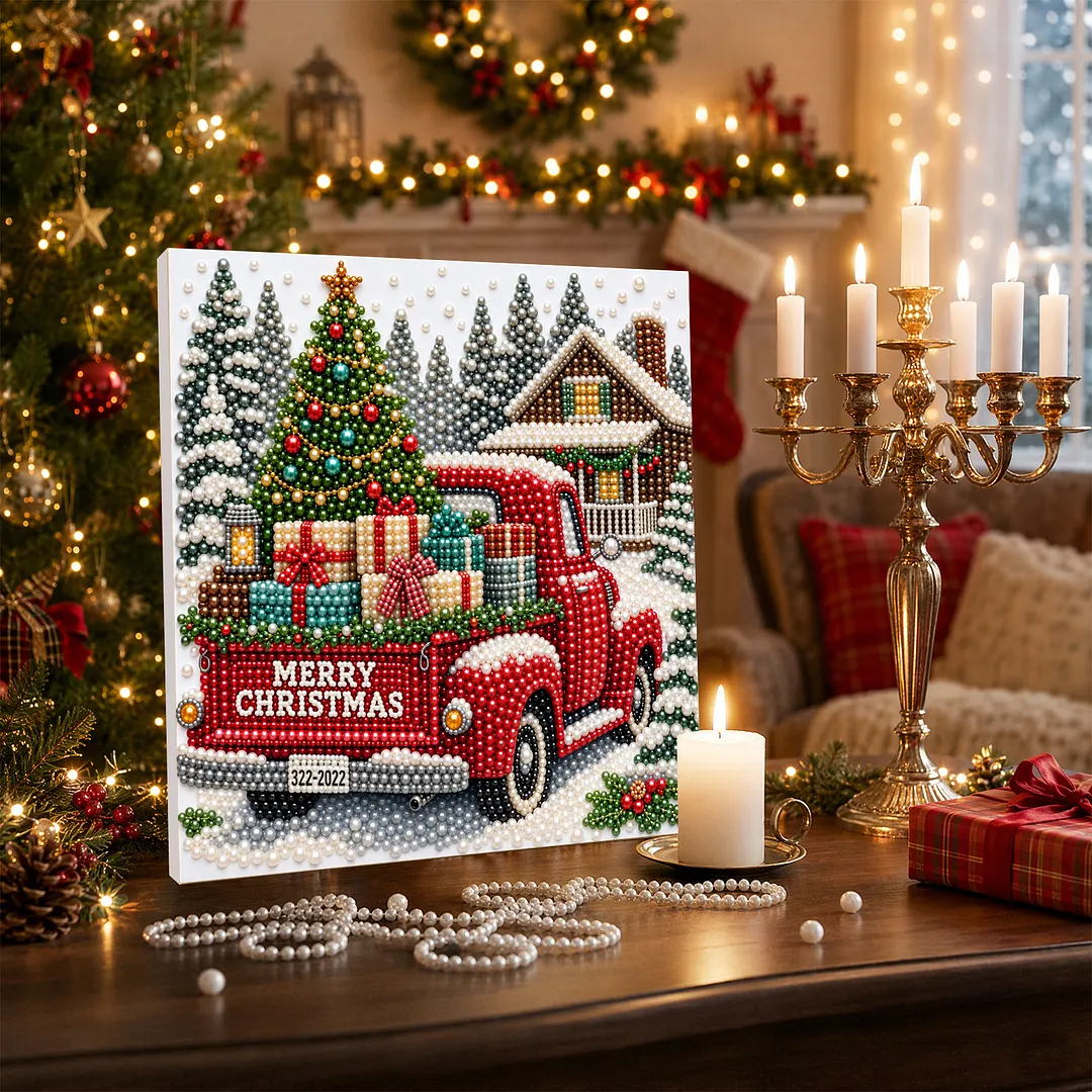 Framed Pearl Painting Kit Christmas Red Pickup Truck 20x20cm