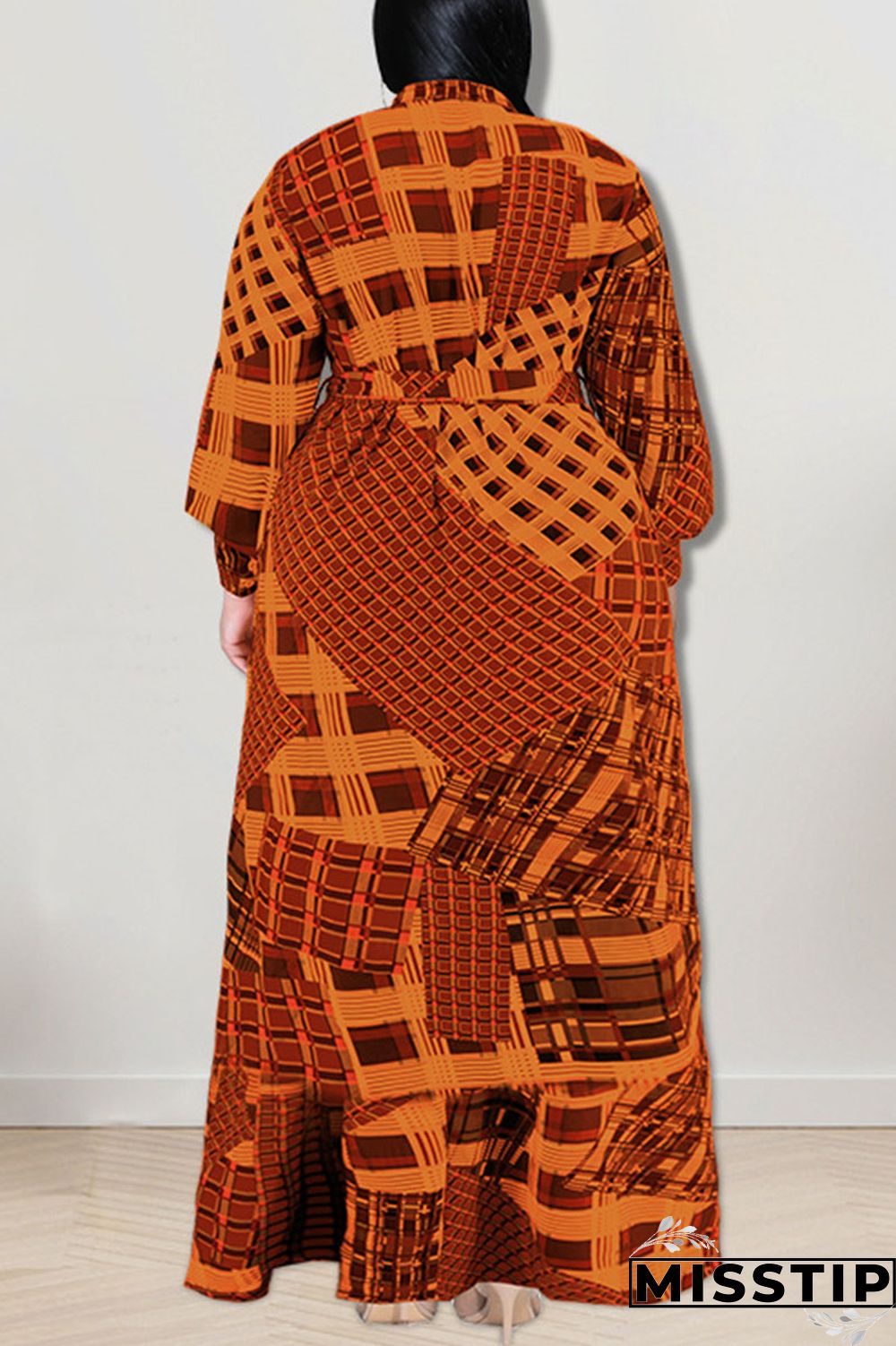 Gold Fashion Casual Print Patchwork Buckle With Bow Shirt Dress Plus Size Dresses