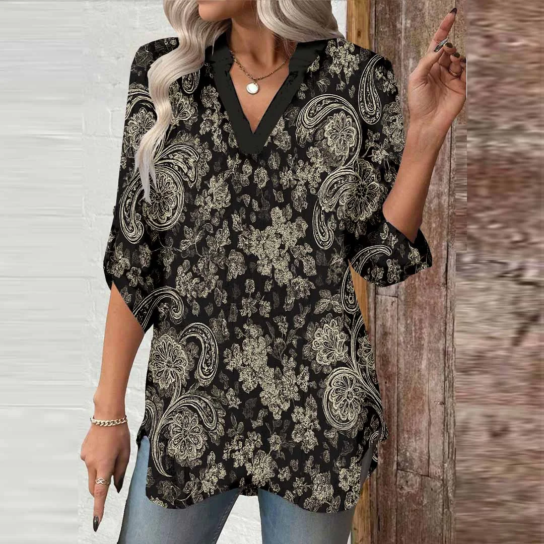 Women Floral, Black, Khaki DZGA0119 3/4 Sleeve V-neck Printed Graphic Button Tops