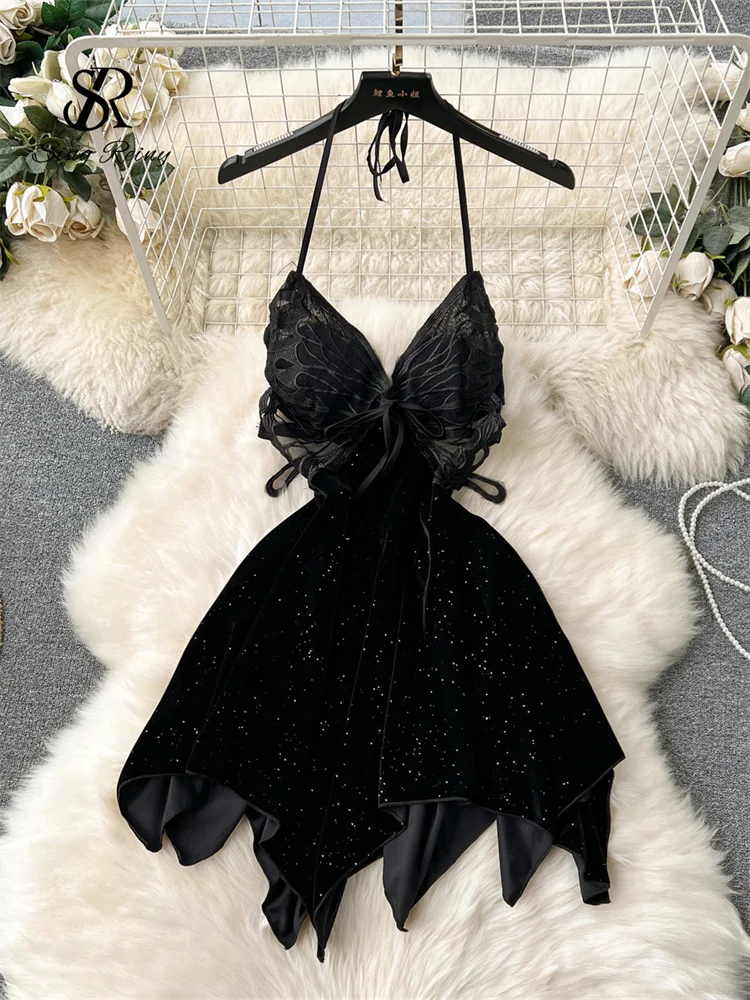 Huibahe Female Backless Sexy Dress Fashion Halter Lace up Design Women Embroidery Butterfly Slim Short Irregular Velvt Dress