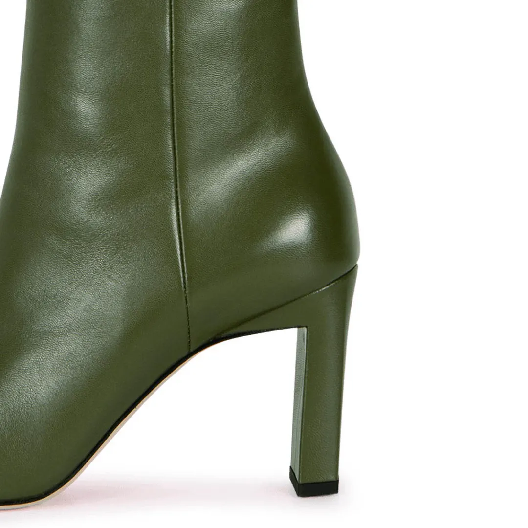 Olive Vegan Leather Square Toe Ankle Zipper Chunky Heel Boots