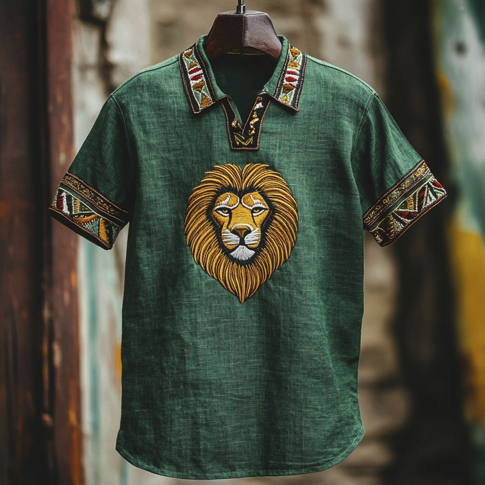 African Lion Embroidered Vintage Men's Linen Shirt