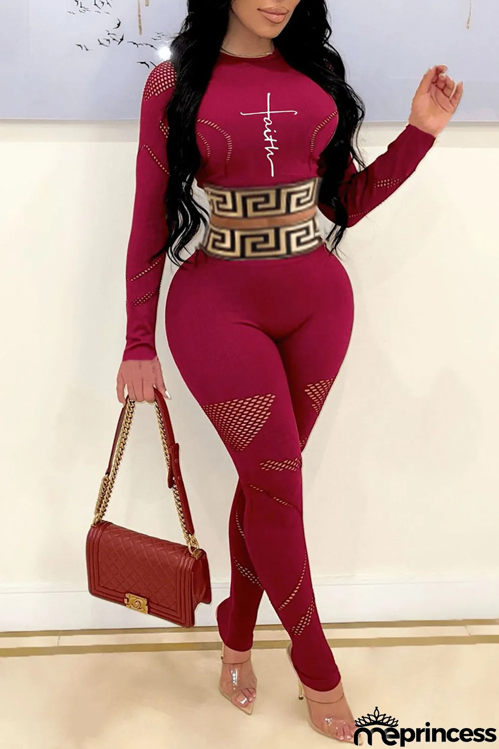 Burgundy Casual Print Split Joint O Neck Long Sleeve Two Pieces