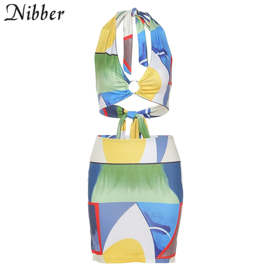 Nibber Club Wild Hollow Woman Two-piece Summer Sexy Tight-fitting Suit Streetwear Comfortable Casual Low-cut Halter Beach Skirt