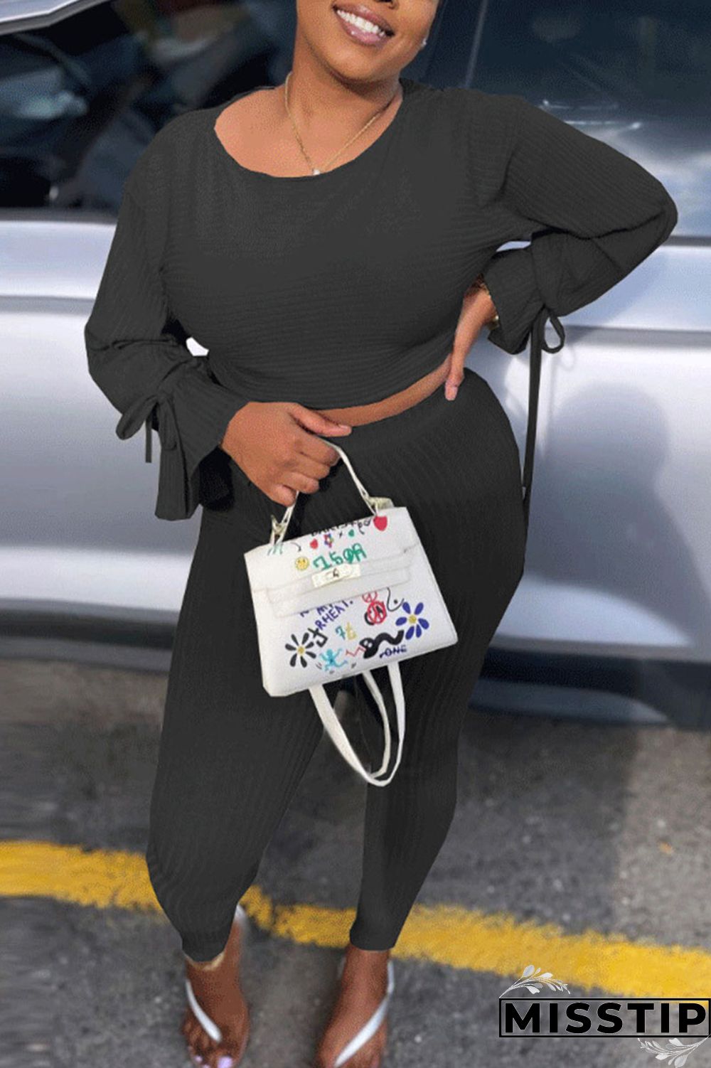 Black Casual Solid Patchwork Frenulum O Neck Long Sleeve Two Pieces