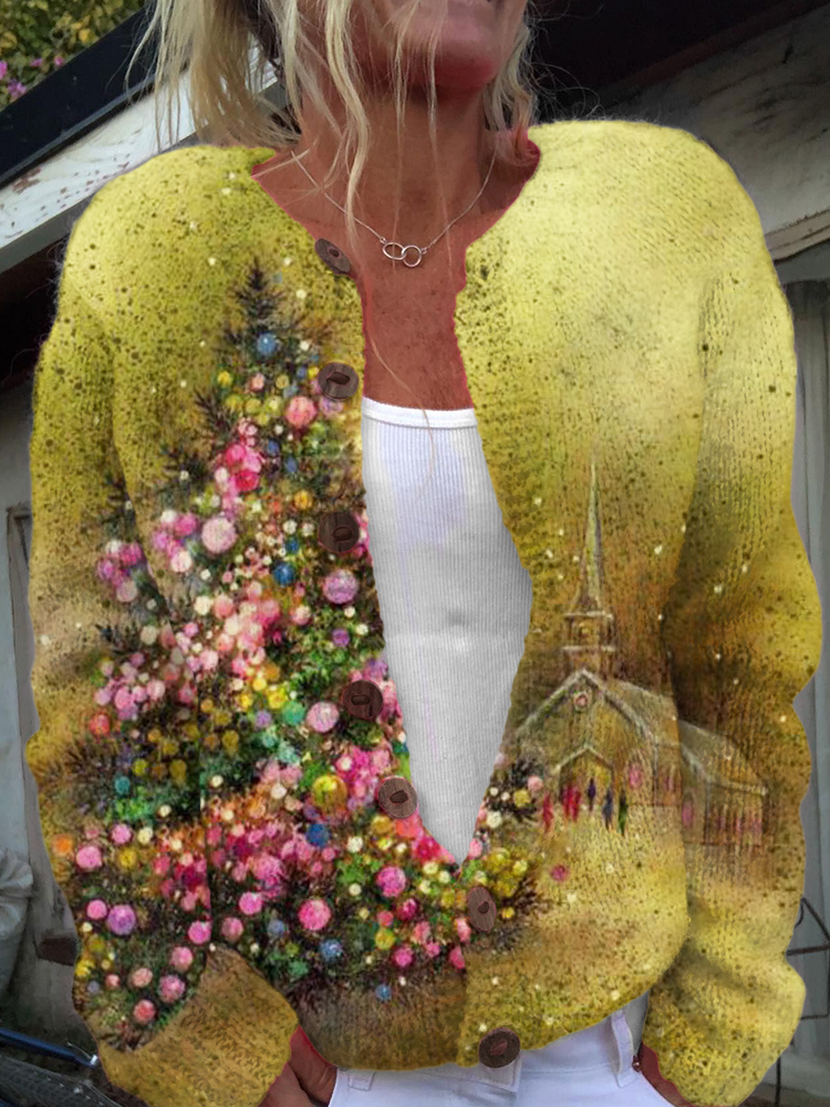 Comstylish Golden Christmas Snow Country Knitted Warm Cardigan Sweater