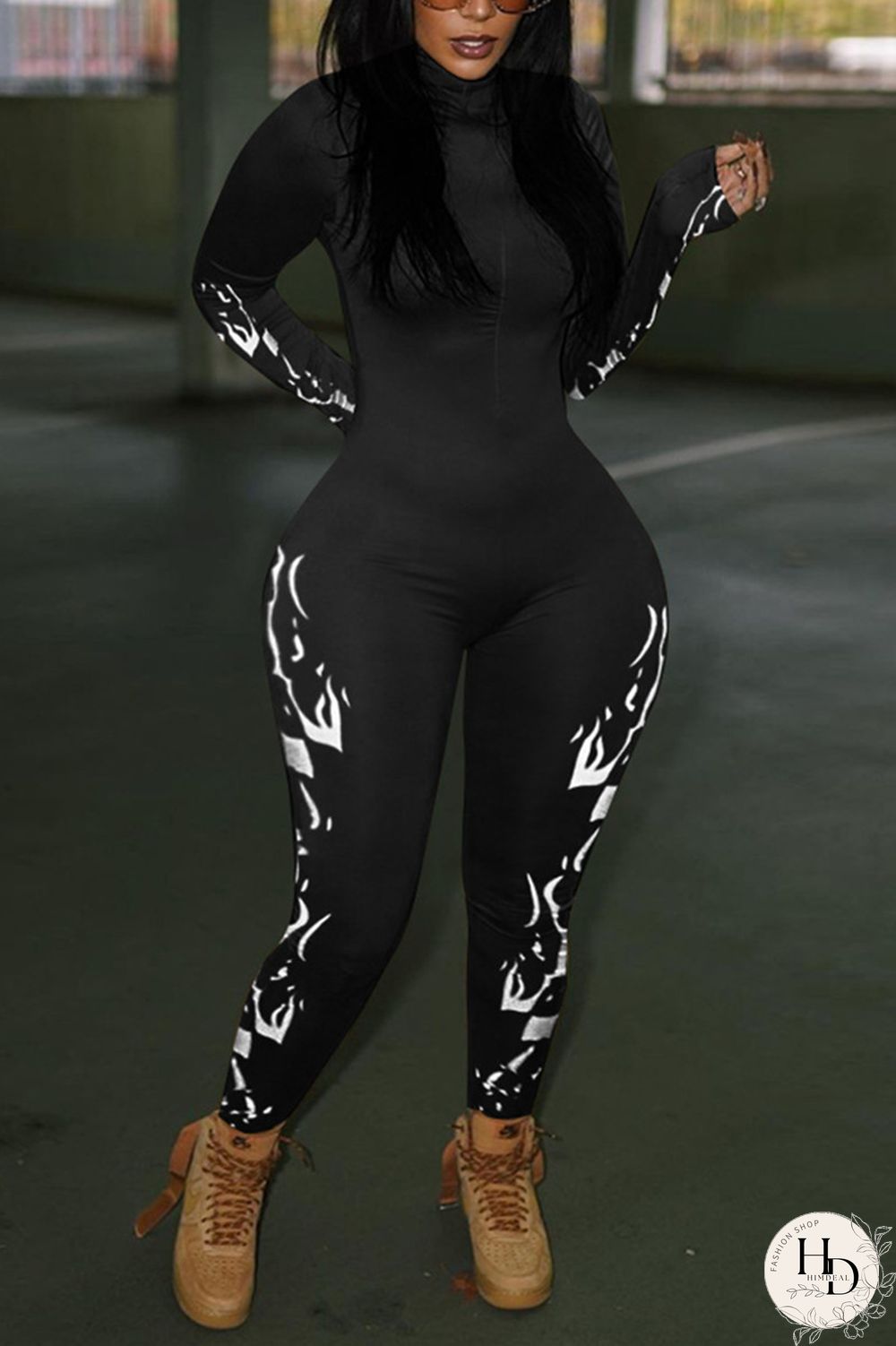 Army Green Fashion Casual Print Basic Turtleneck Skinny Jumpsuits