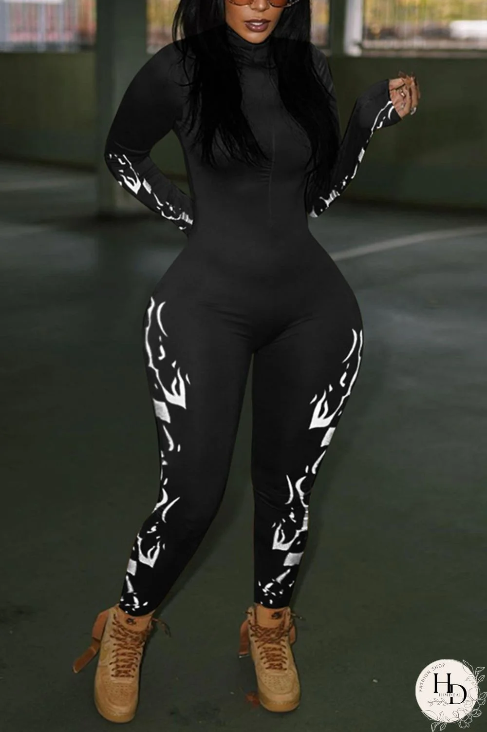 Army Green Fashion Casual Print Basic Turtleneck Skinny Jumpsuits