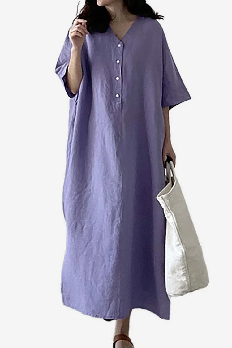 Three Quarter Sleeve V Neck Slit Purple Linen Dress