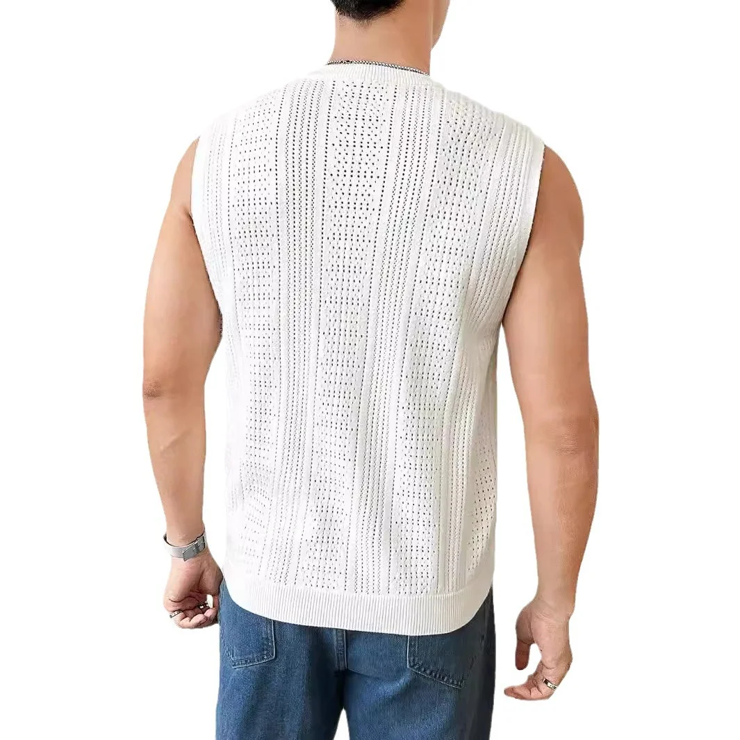 Wongn Wongn Men's New Solid Color Sweater Fashion Men's Sleeveless Jacket Hollow Out Breathable Round Collar Recreational Vest