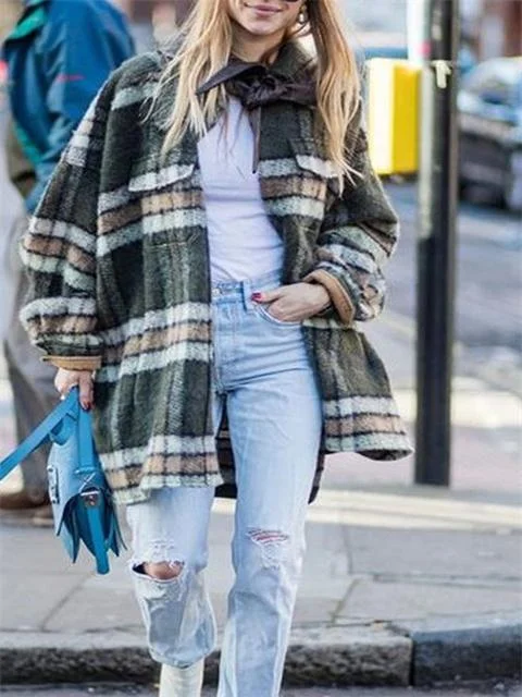 Cotton Plaid Pockets Winter Warm Overcoat