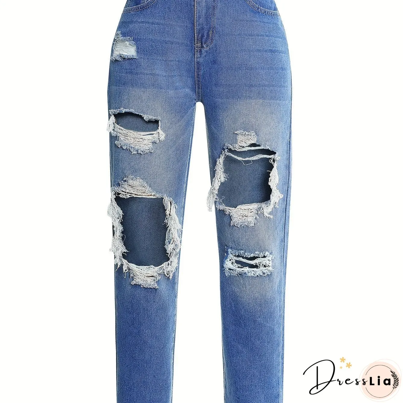 Blue Ripped Straight Jeans Slash Pockets High Waist Distressed Denim Pants Womens Clothing
