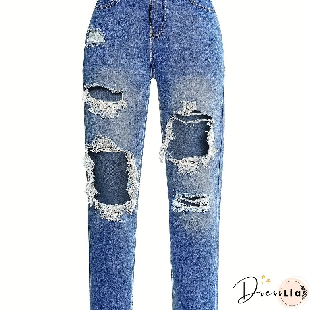 Blue Ripped Straight Jeans Slash Pockets High Waist Distressed Denim Pants Womens Clothing