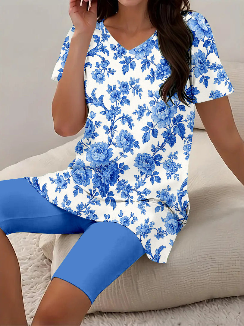 Women Long Sleeve V-neck Graphic Floral Printed Top