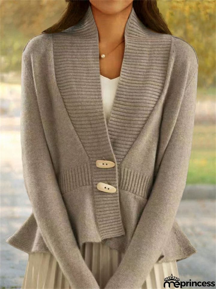 French Style V Neck Ruffled Hem Sweater for Lady