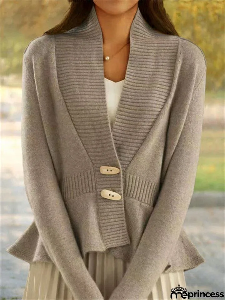 French Style V Neck Ruffled Hem Sweater for Lady