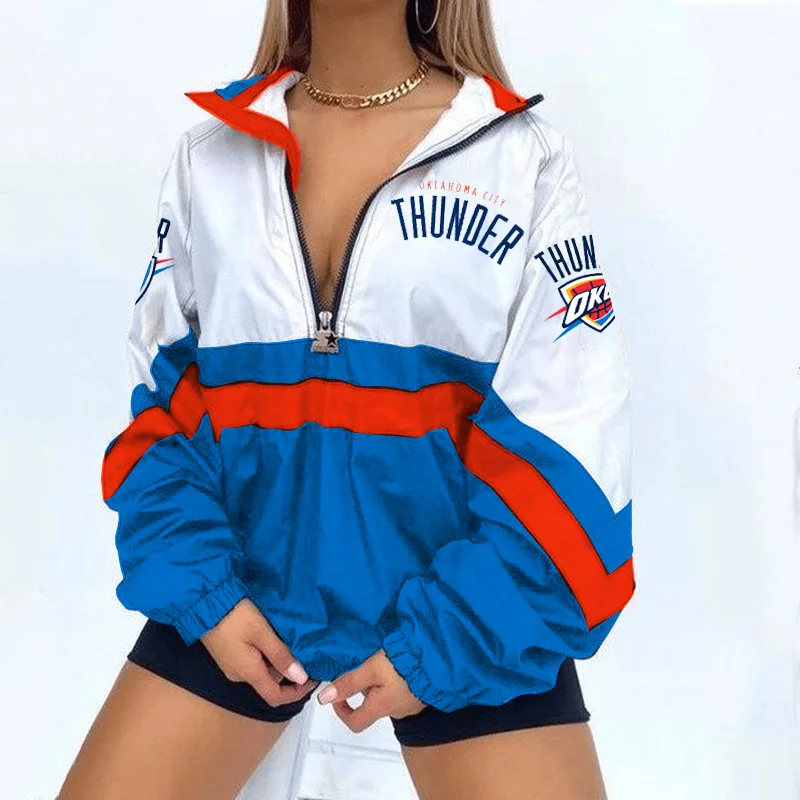 Women's Support Oklahoma City Thunder Basketball Print V Neck Zipper Sweatshirt Jacket