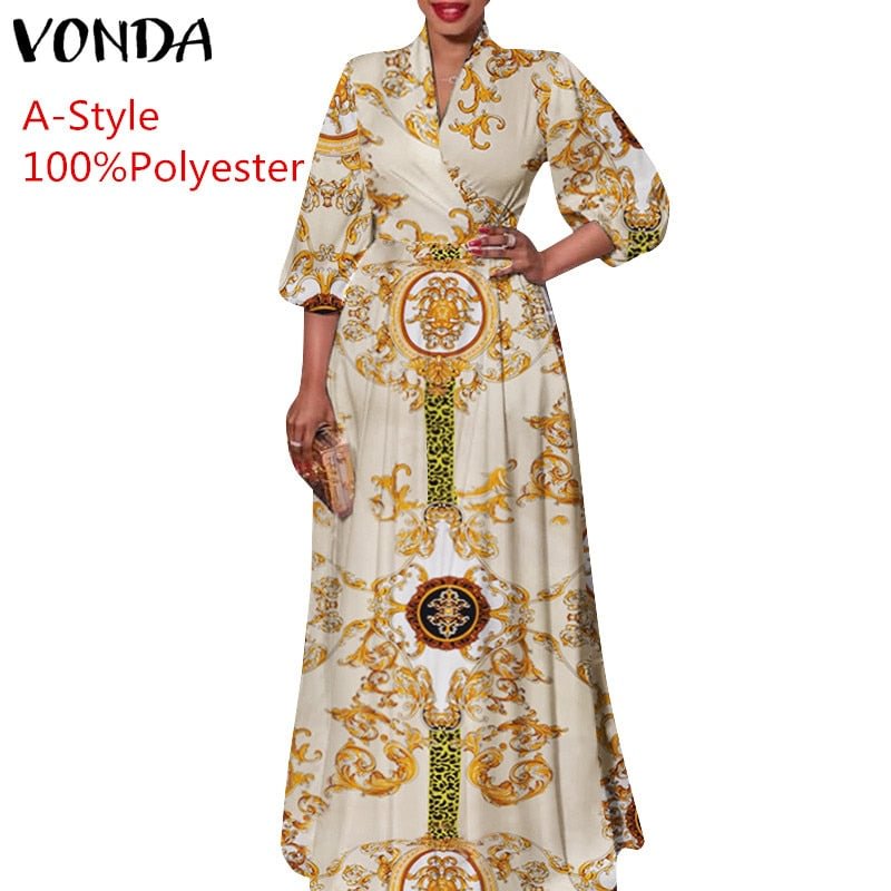 Spring Party Dress 2022 VONDA Women Vintage Printed Maxi Long Dress Casual Vestido Casual Robe Femme Holiday Sundress Oversized