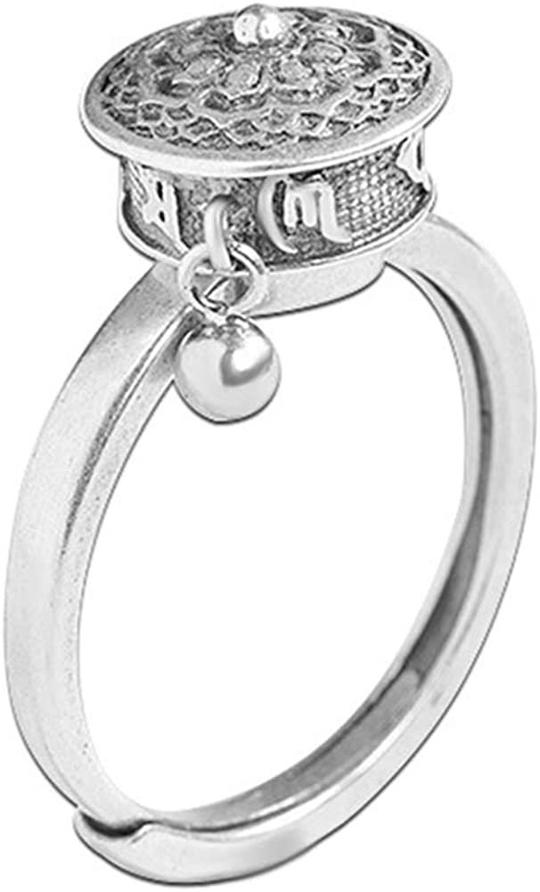 JAJAFOOK 925 Silver Rotating Rings Buddhist Tibetan Prayer Wheel Lotus Ring Good Luck Adjustable Ring