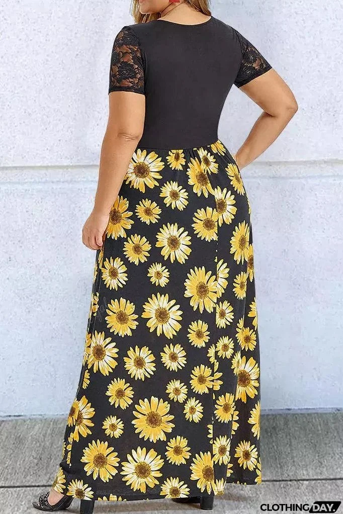 Plus Size Sunflower Lace Twist Knot Maxi Dress