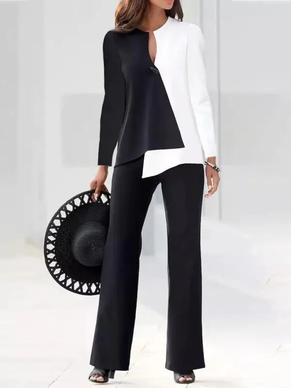 Stitching irregular hem top and trousers suit