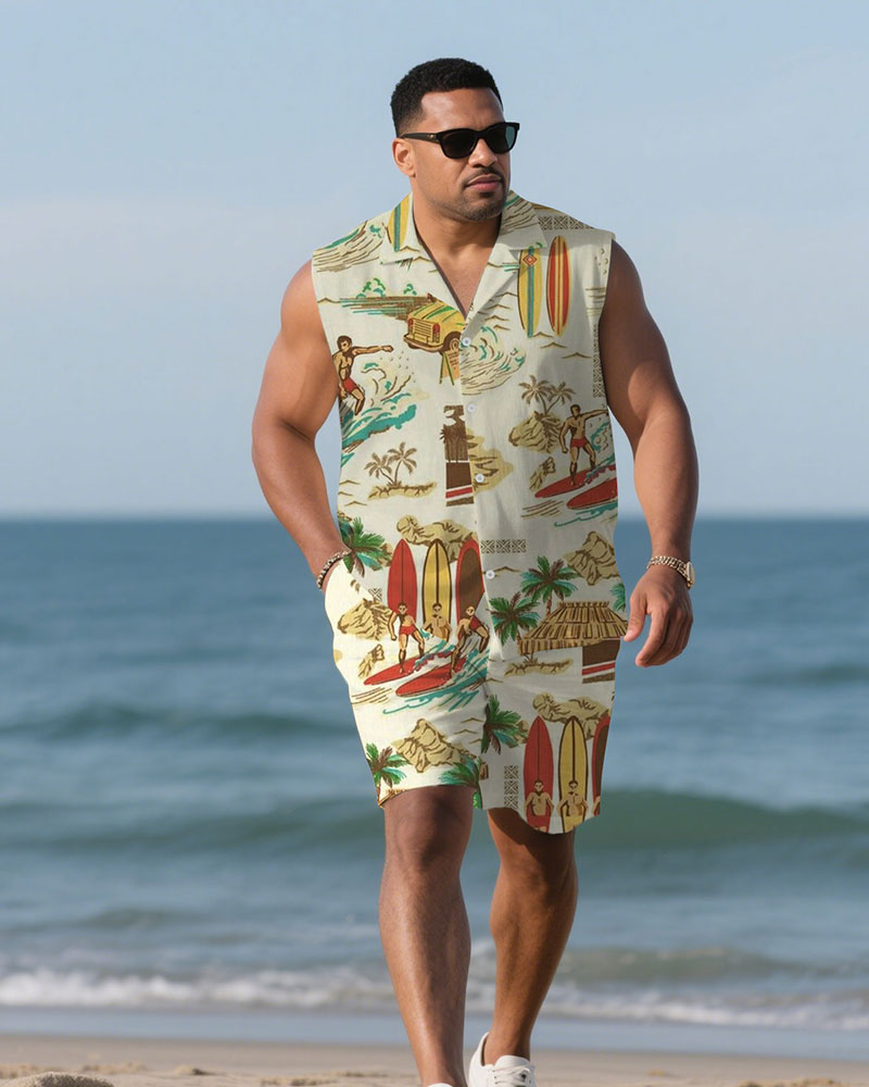 Hawaiian Men's Plus Size-apricot Hawaiian Vacation Surf Pattern Printed Blouse Shorts Suit