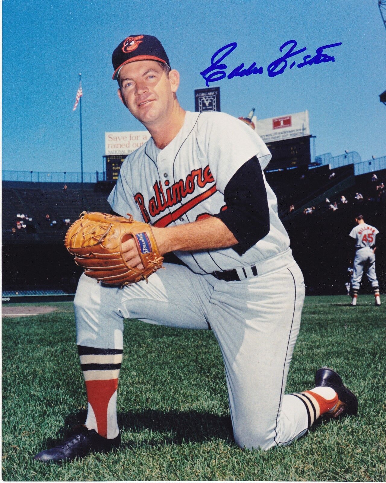 EDDIE FISHER BALTIMORE ORIOLES ACTION SIGNED 8x10